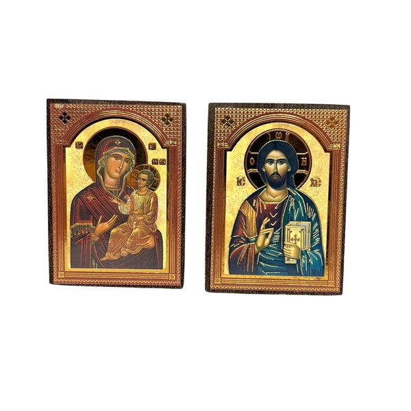 Orthodox Icon Gift, Wooden Icon of Jesus Christ and Mother of God, Orthodox Christmas Gift, Nightstand Icon, Small Religious Christian Gift