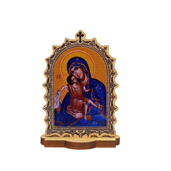 Orthodox Christian Wooden Desktop Icon of the Holy Theotokos, Standing Icon Gift, College Student Gift, Decorative Wooden Icon Gift