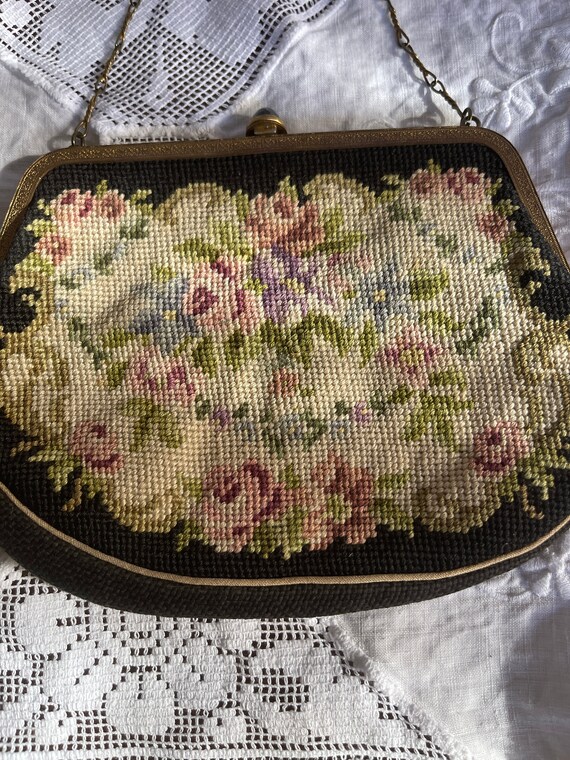 Antique Vintage Needlepoint Purse with Chain Gem