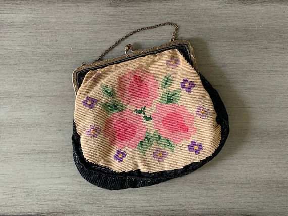 Antique Crewel Embroidery Needlepoint Flower Purse - image 1