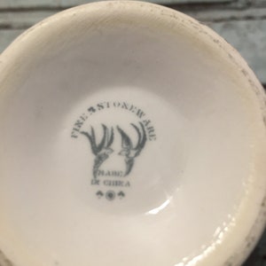May include: Close-up of the bottom of a white ceramic mug with a blue and gray logo that reads "Fire Stoneware" and "Made in China".