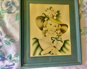 Beautiful Vintage Lithograph Picture of Woman with Flowers on Her Hat