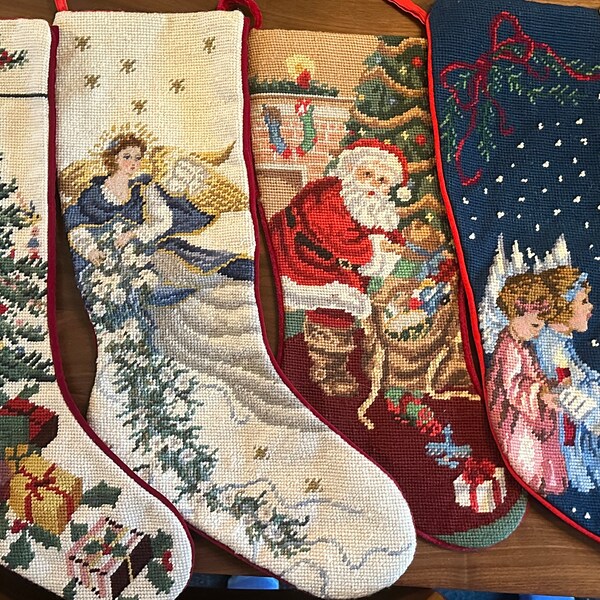 Vintage Handmade Needlepoint Stockings- see description for detail and measurements