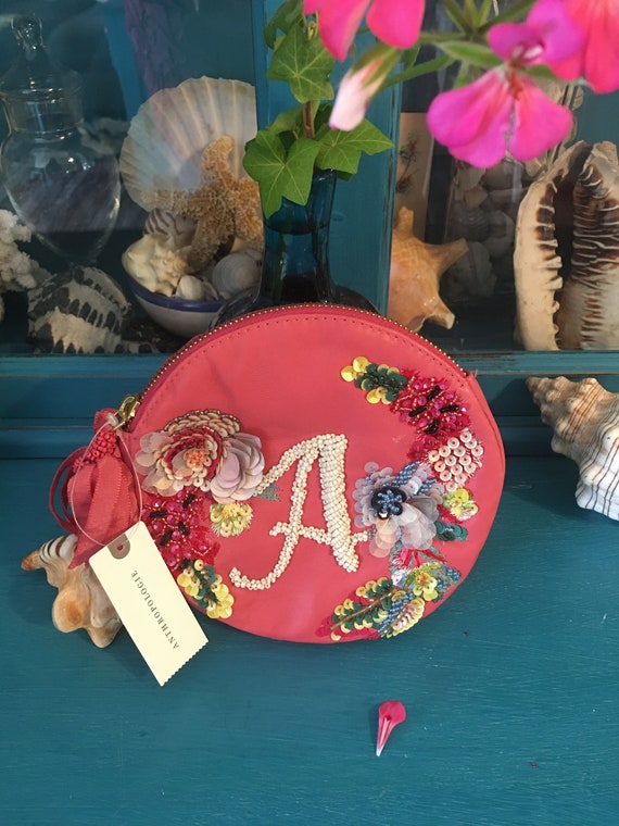 Anthropologie Leather Monogram A Beaded Bag