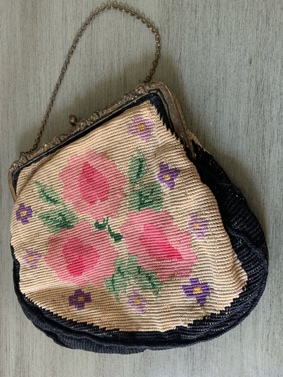 Antique Crewel Embroidery Needlepoint Flower Purse - image 4