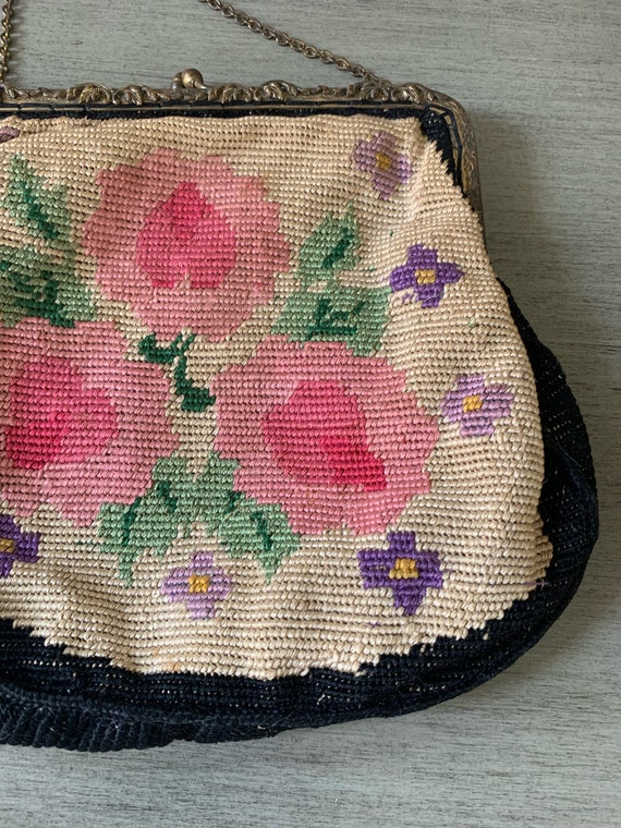 Antique Crewel Embroidery Needlepoint Flower Purse - image 5