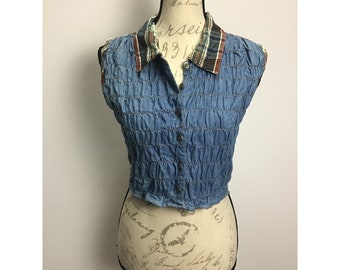 Vintage, Western, Ruched Front, Plaid Sleeveless Crop Shirt, size M