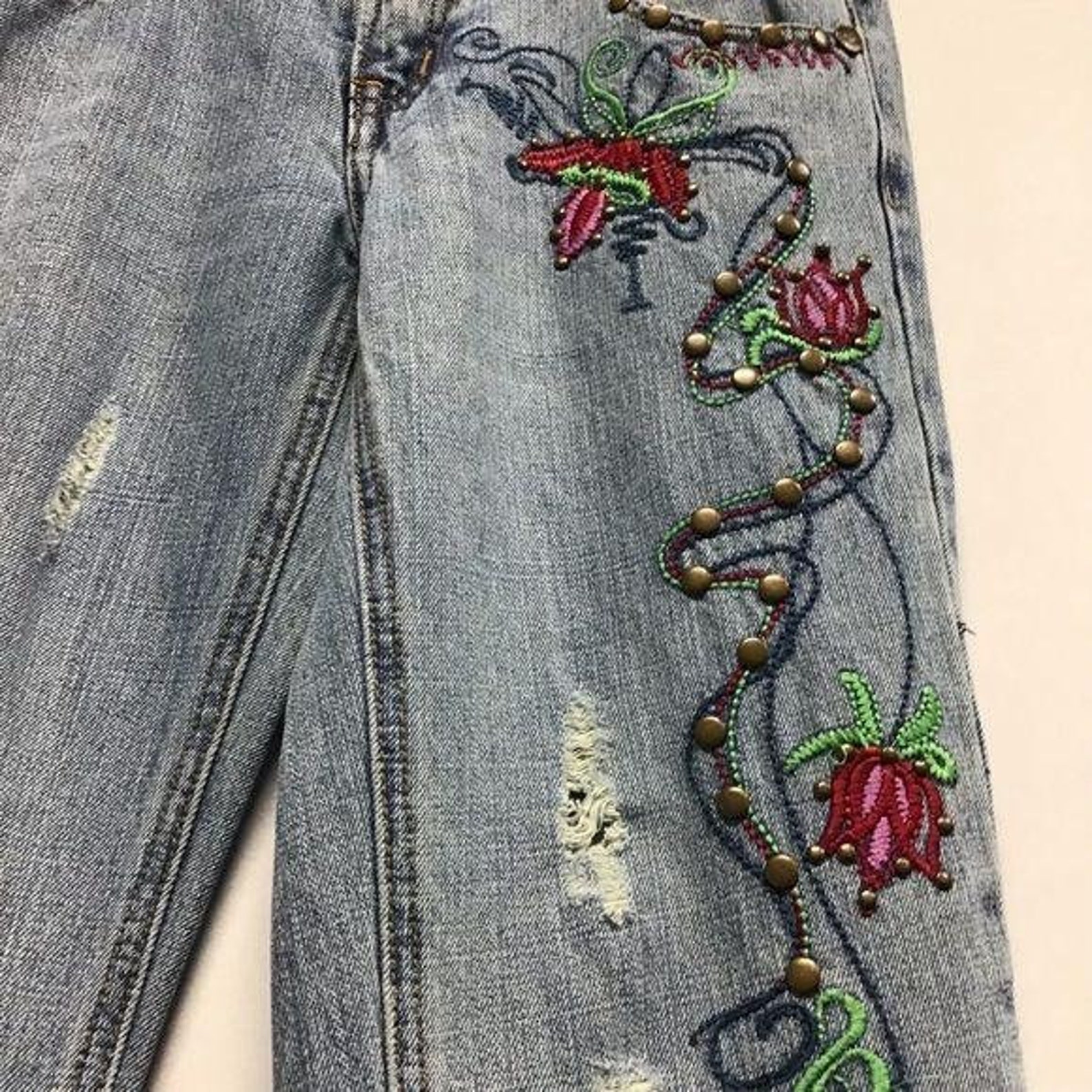 Vintage Embroidered Flare Leg Jeans | Etsy