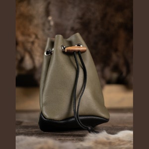 Leather Drawstring Pouch - Green & Black