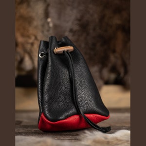 Leather Drawstring Pouch - Black & Red