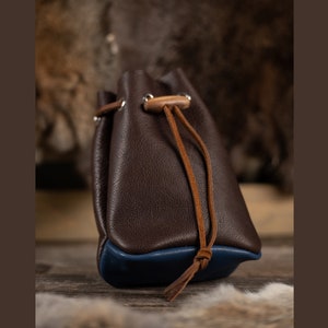 Leather Drawstring Pouch - Brown & Blue