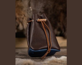 Leather Drawstring Pouch - Brown & Blue