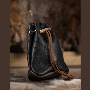 Leather Drawstring Pouch - Black & Brown