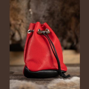 Leather Drawstring Pouch - Red & Black