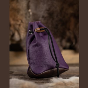 Leather Drawstring Pouch - Purple & Brown