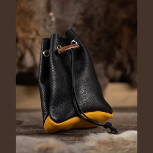 Leather Drawstring Pouch - Black & Yellow