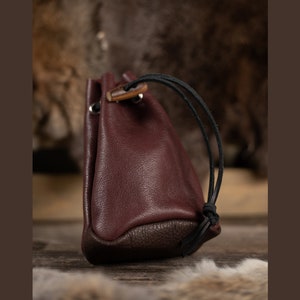 Leather Drawstring Pouch - Burgundy & Brown