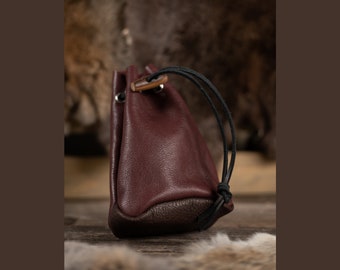 Leather Drawstring Pouch - Burgundy & Brown