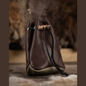 Leather Drawstring Pouch - Brown & Green