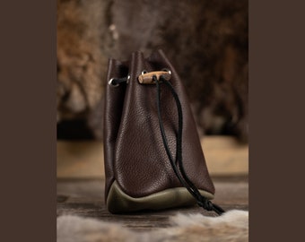 Leather Drawstring Pouch - Brown & Green