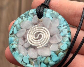 Large Orgonite® pendant orgone talisman Turquoise and Rose quartz crystals reiki gifts yoga,meditation sacred geometry sleep better