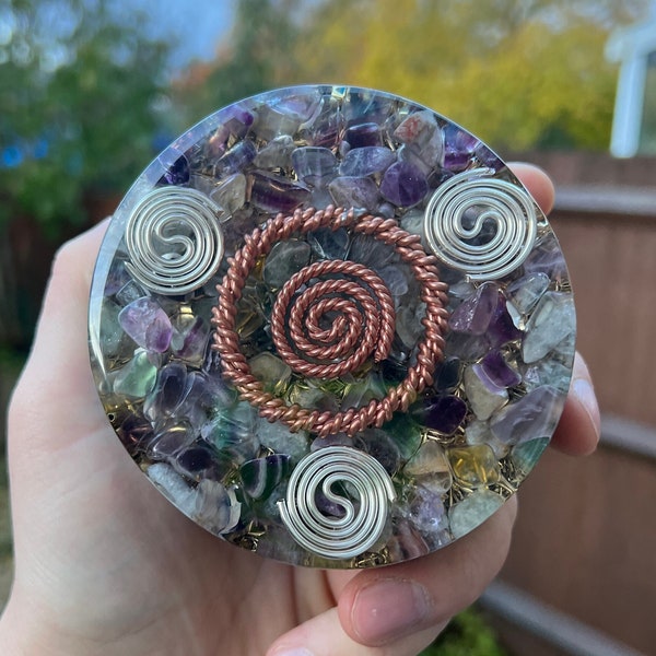 Orgonite® Charging Plate with Fluorite,Selenite crystal orgone energy,double tensor ring,reiki healing chakra emf protection stress relief