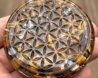 Orgonite® Flower Of Life orgone Clear Quartz , Tiger Eyes crystals orgone energy,tower buster,reiki healing chakra,stress relief gift