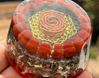 Orgonite® Tower buster orgone energy Red Jasper,Clear Quartz crystals,Flower of life,home protection,harmony & balance,resin