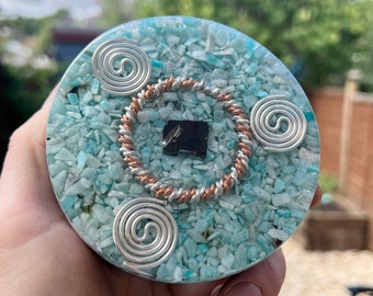 Orgonite® Charging Plate with Shungite,Amazonite crystal orgone energy,double tensor ring,reiki healing chakra home protection stress relief