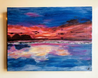 Beach at sunset, acrylic on canvas