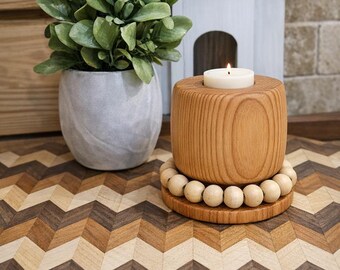 Beaded Wooden Tealight Holder – Handmade Pine Decor, Rustic Farmhouse Candle Stand