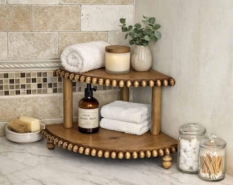 Handcrafted Beaded Double Corner Riser Rustic Wood Shelf Farmhouse Home Décor Display Stand