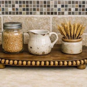Handcrafted Beaded Wood Riser – Rustic Farmhouse Decor, Coffee Bar Stand, Kitchen Display Tray