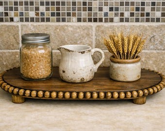 Handcrafted Beaded Wood Riser – Rustic Farmhouse Decor, Coffee Bar Stand, Kitchen Display Tray