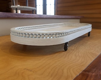 Handmade Oval Beaded Wood Riser Tray – Distressed White Farmhouse Display Stand