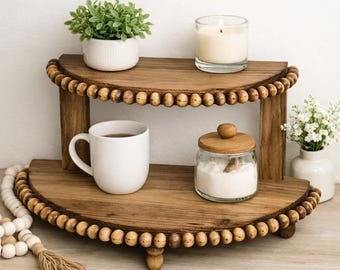 Farmhouse Style Double Riser Stand – Handcrafted Wooden Half Moon Tiered Tray Display