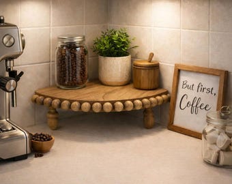 Handcrafted Wooden Beaded Corner Shelf – Rustic Wall Riser for Coffee Bar or Kitchen Décor