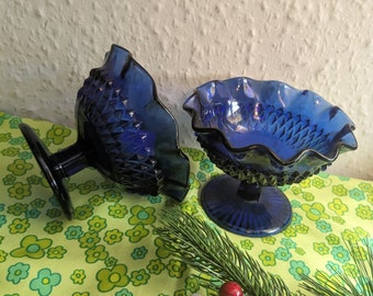 Vintage Cobalt blue Crimped Compote Glass x 2, set of two blue footed glass dishes, Vintage MCM Housewarming Christmas glassware gift idea