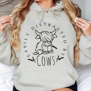 Easily Distracted By Cows Hoodie, Funny Cow  Hoodie, Cow Lover Hoodie, Farm Lover Gift, Farm Animal Hoodie, Humorous Saying,Cute Cow Hoodie