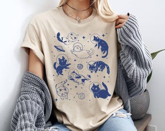 Cats in Space Graphic T-Shirt, Retro Kitten Tee, Y2k Fashion