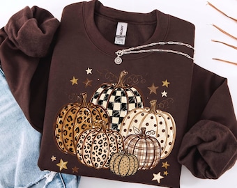 Fall Pumpkin Sweatshirt, Leopard Autumn Sweater, Retro Thanksgiving Polka Dot Pumpkins Crewneck, Spooky Season, Halloween Gift Women