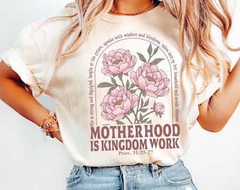 Retro Motherhood Is Kingdom Work Comfort Colors© Shirt, Mothers Day Shirt, Christian Mom Gift,Religious Boho Floral Bible Shirt,Mom Life Tee