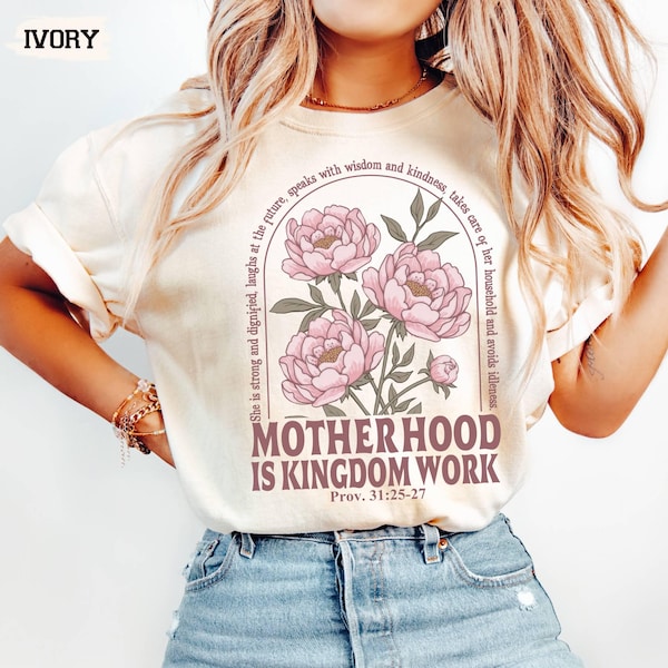 Retro Motherhood Is Kingdom Work Comfort Colors© Shirt, Mothers Day Shirt, Christian Mom Gift,Religious Boho Floral Bible Shirt,Mom Life Tee