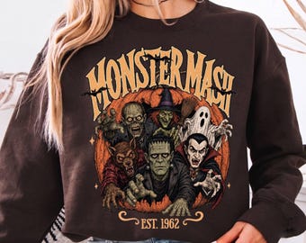 Monsters Sweatshirt Retro Halloween Sweater Horror Movie Vintage Graphic Vampire Spooky Season Gift for Him or Her Ghost Party