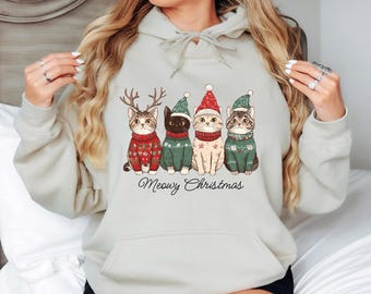 Meowy Christmas Cat Hoodie: Christmas Gift For Cat Mom Gifts For Cat Lover, Merry Christmas Happy New Year