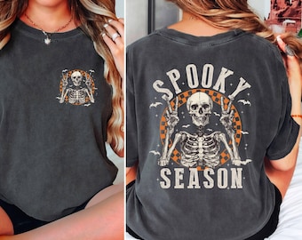 Spooky Season Comfort Colors Front And Back Shirt,Retro Halloween Skeleton Shirt,Women Halloween Party,Gift For Halloween,Fall Spooky Season