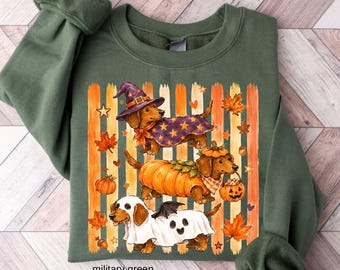 Halloween Dachshund Sweatshirt, Cute Wiener Dog Graphic Sweater, Funny Fall Stripe Crewneck, Spooky Season Doxie Dog Lover Mom Gift