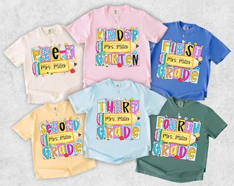 Comfort Colors© Back To School Custom Teacher Name Shirt, Colorful Grade Level Personalized Teacher Team Tee, First Day Of School Gift