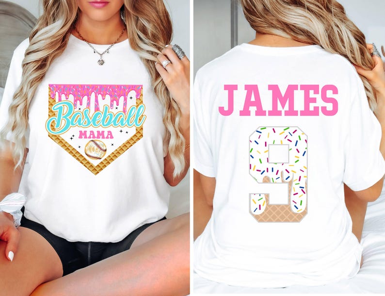 May include: White t-shirt with a pink and white baseball graphic that says "Baseball Mama" and a white t-shirt with the name "JAMES" and the number "9" with sprinkles on it.