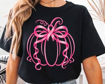 In October We Wear Pink Ribbon Pumpkin Shirt, Breast Cancer Awareness Tee, Halloween in October We Wear Pink